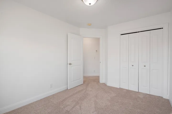 Neutral-toned carpet flooring, white painted walls, white bi-fold closet doors, white paneled interior door, and a flush-mount ceiling light