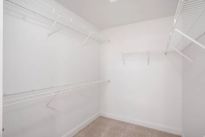 Carpeted closet with white wire shelving