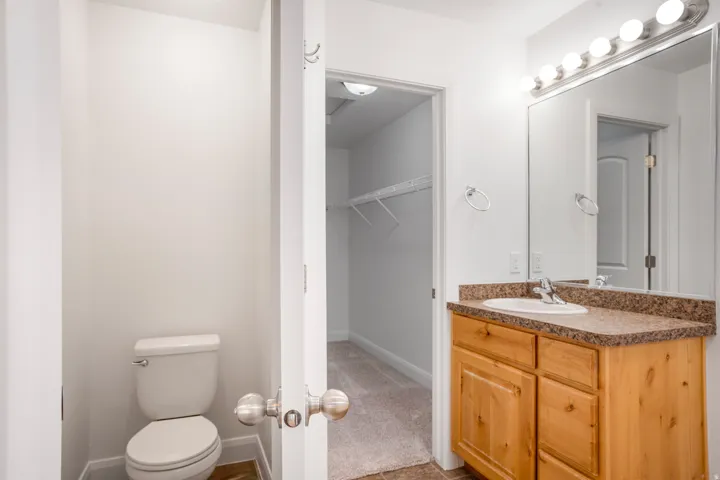 Built-in vanity with wood-finish cabinetry, a single basin sink, and a speckled countertop