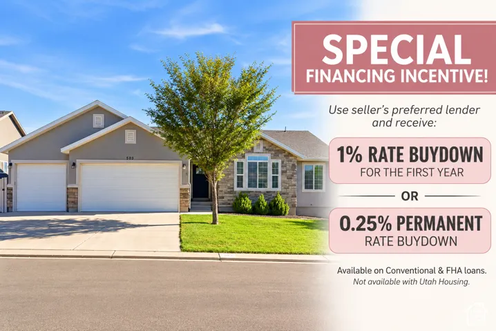 Marketing Advertisement. Displaying a property with details regarding a special financing incentive, including rate buydown options and loan type availability