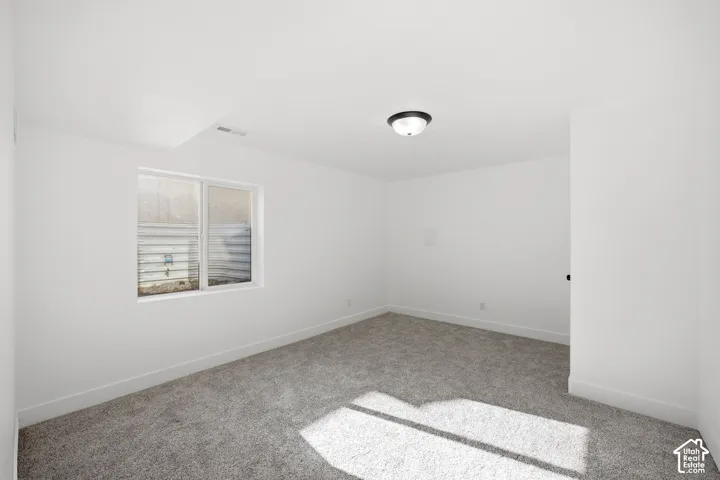 Neutral wall paint, plush carpeting, ceiling-mounted light fixture, and a window with a light well