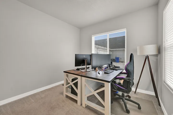 Neutral wall paint, carpet flooring, a window with blinds, and white trim