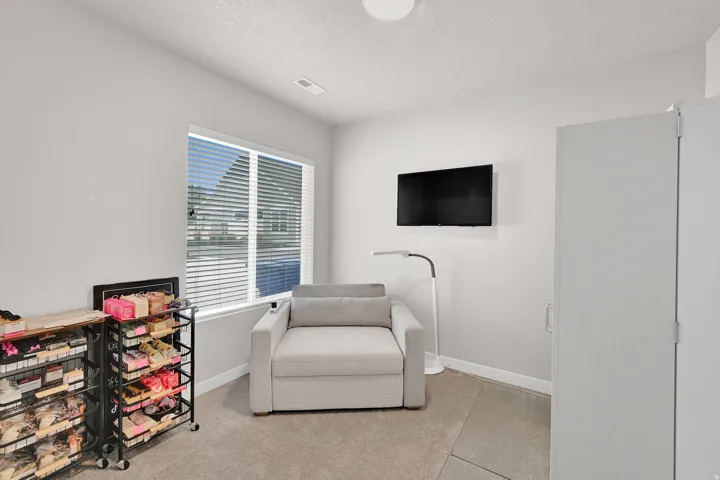 Recessed lighting, large window with blinds, wall-mounted television, and neutral carpeting