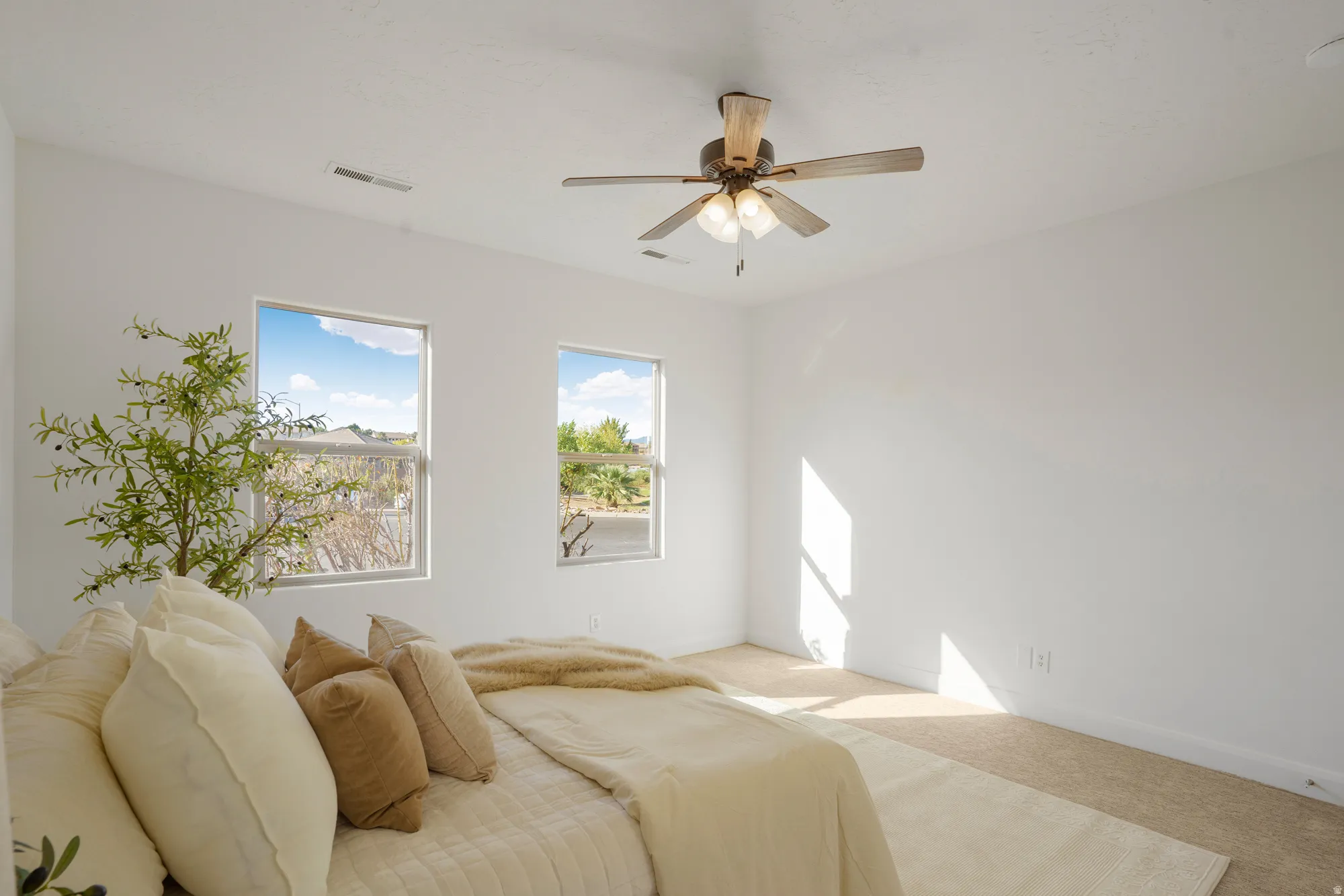 Carpeted flooring, ceiling fan, and multiple windows