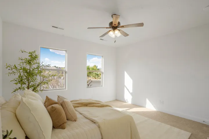 Carpeted flooring, ceiling fan, and multiple windows