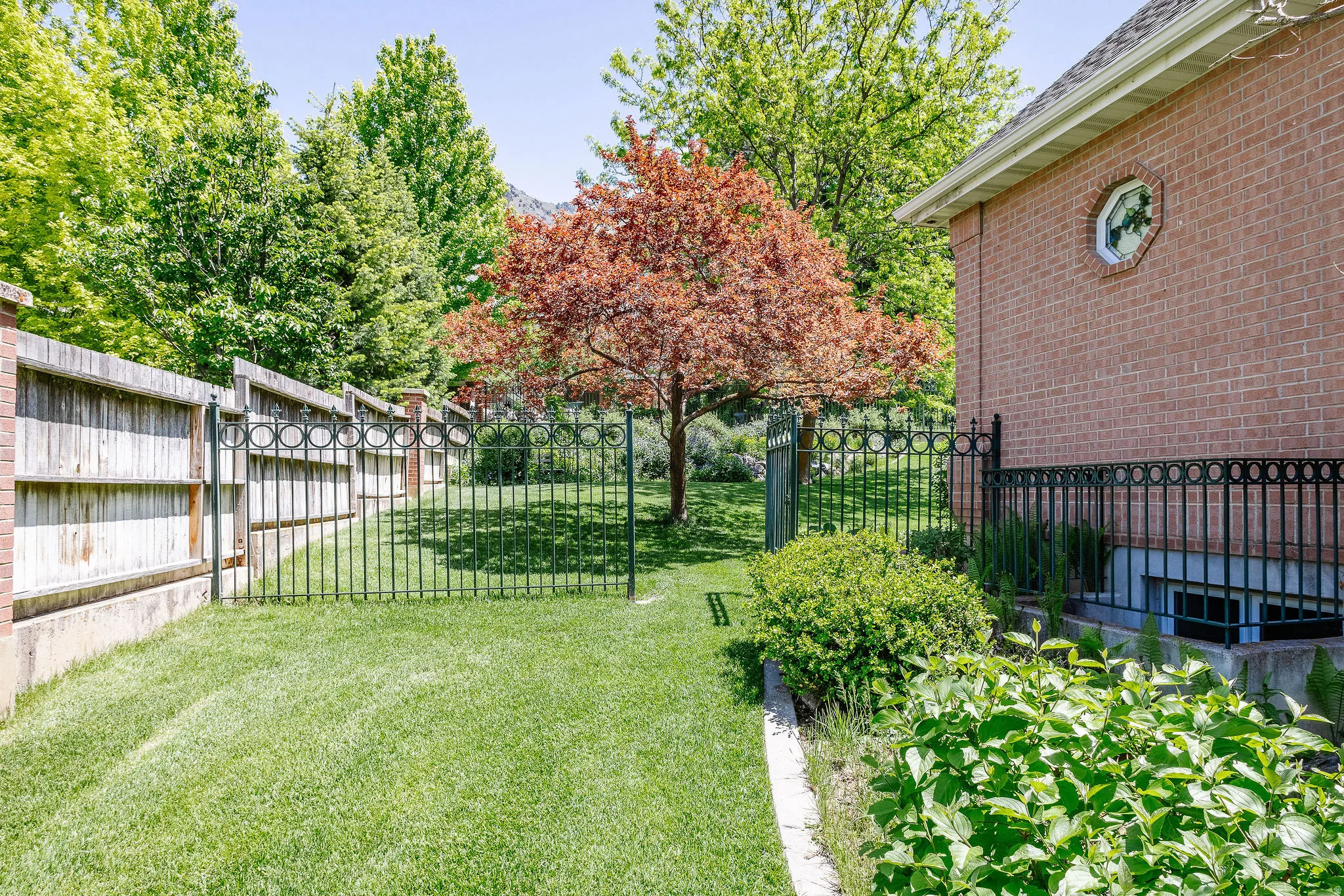 Manicured lawn with mature trees and a decorative black metal fence