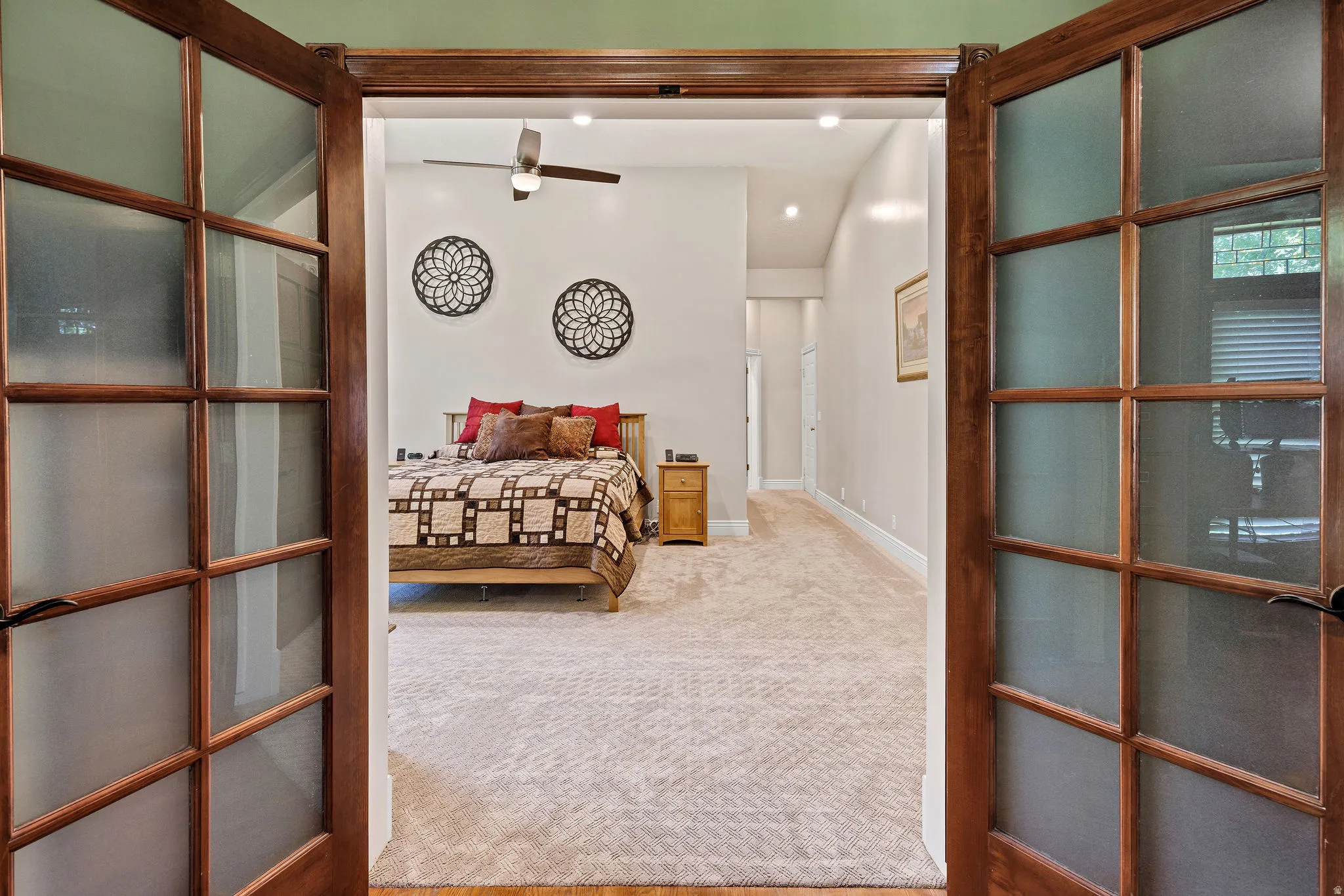 French doors with frosted glass panels, wood-finish flooring, recessed lighting, and a ceiling fan