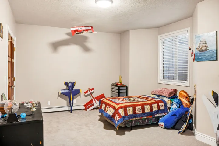 Recessed window with white blinds, neutral carpet, textured ceiling, light wall paint, and a built-in closet with a wood-finish door