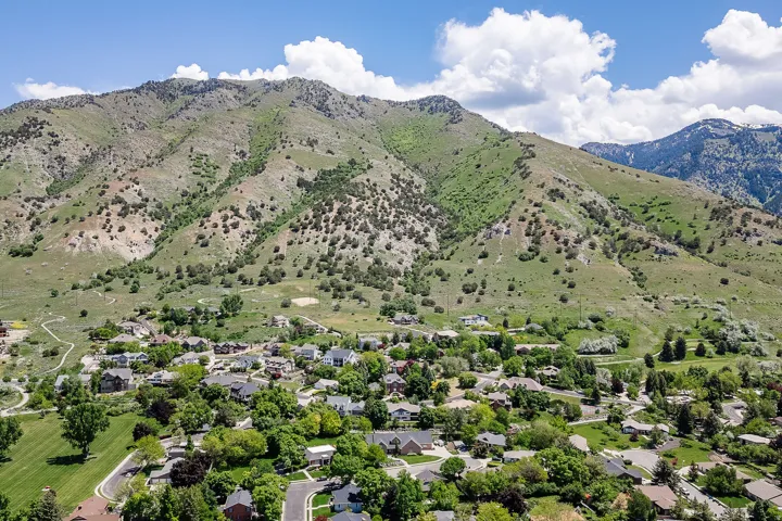 Mountainous backdrop with a residential area featuring established homes, mature trees, and a developed road network