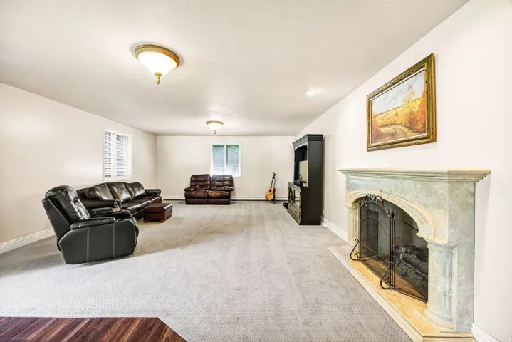 Expansive living area featuring a stone mantel fireplace with iron screen, recessed lighting, and light-toned carpeting