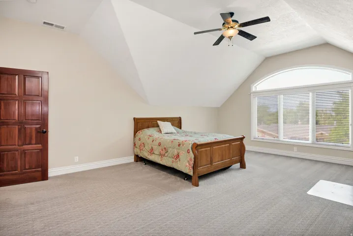 Vaulted ceiling with ceiling fan, arched window with horizontal blinds, neutral carpet, and paneled wood door