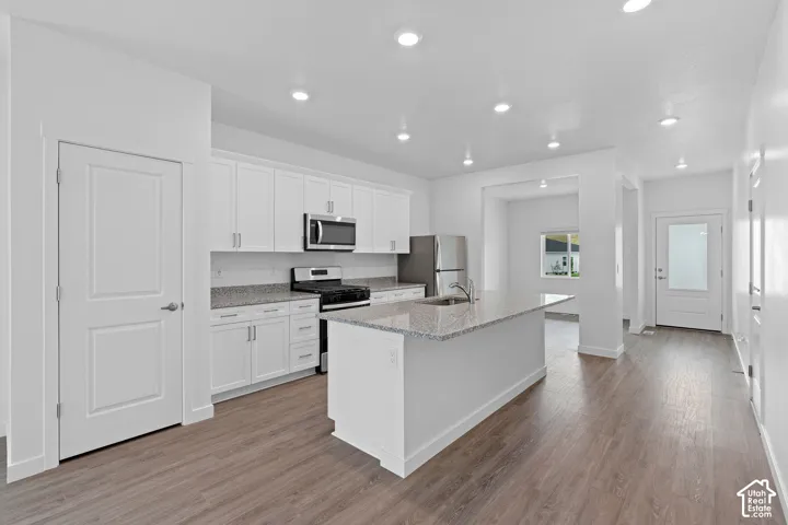 Kitchen featuring white cabinetry, stainless steel appliances, an island with an integrated sink, recessed lighting, and wood-finish flooring