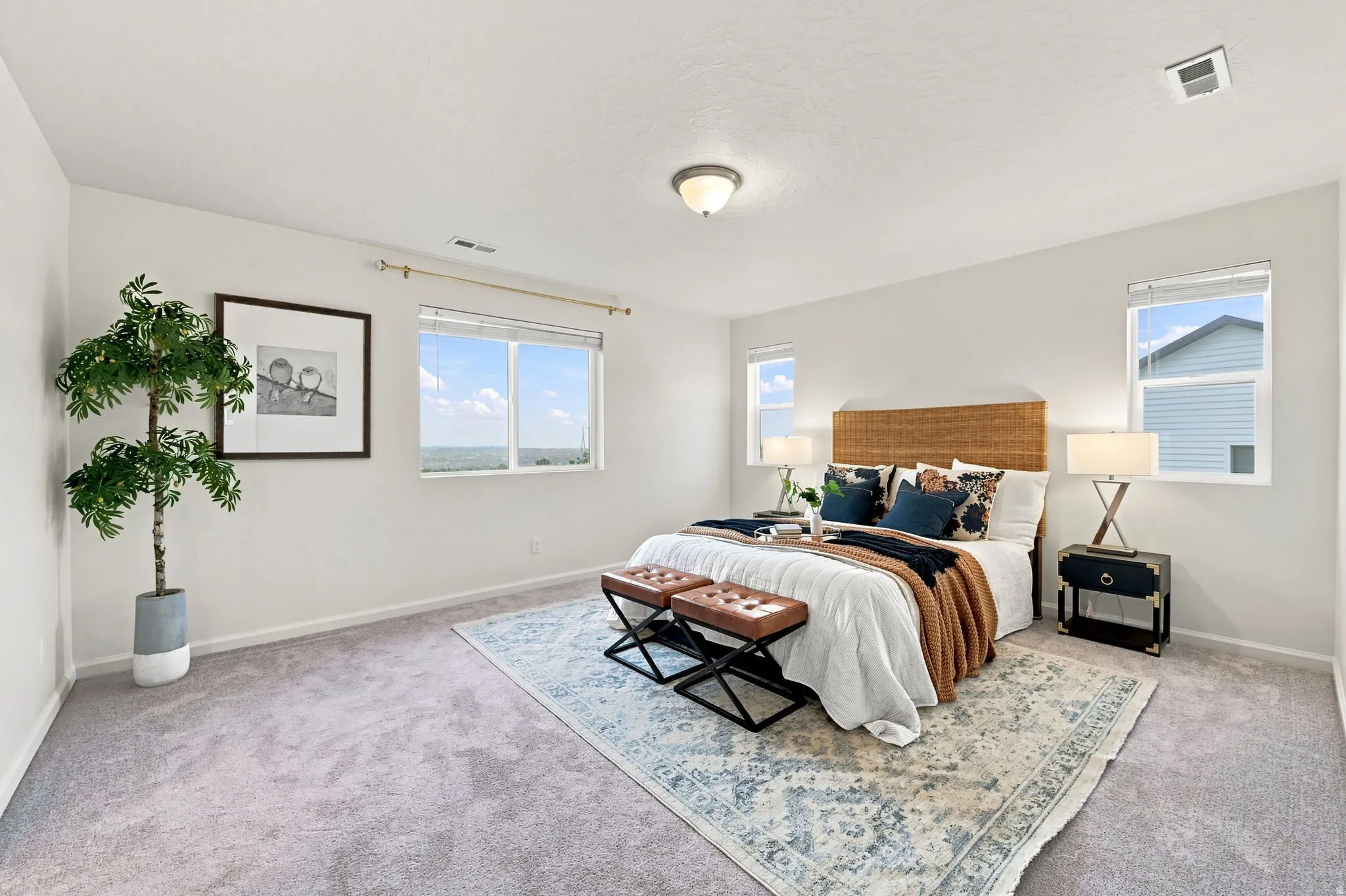 Carpeted flooring, multiple windows providing natural light, and a ceiling-mounted light fixture