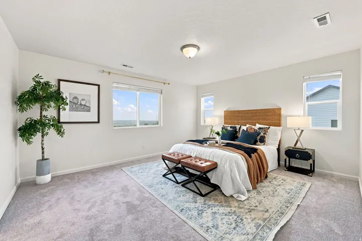 Carpeted flooring, multiple windows providing natural light, and a ceiling-mounted light fixture