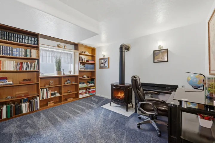 Built-in shelving, wood-burning stove, gray carpet, and wall-mounted sconces