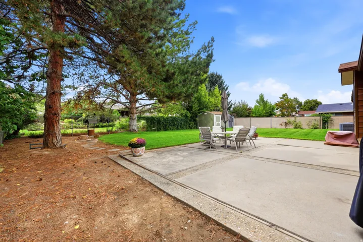 Expansive concrete patio with a manicured lawn, established trees, and a garden shed
