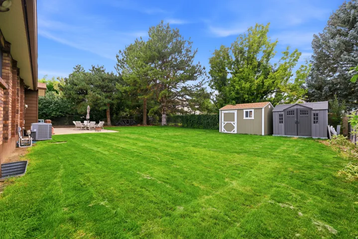Expansive backyard featuring a lush lawn, two storage sheds, mature trees, and a concrete patio