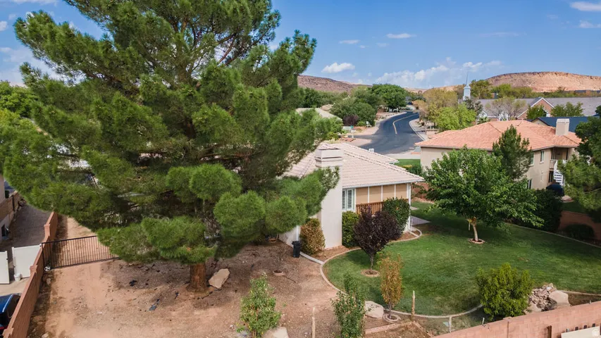 Spacious front lawn with mature trees and established landscaping