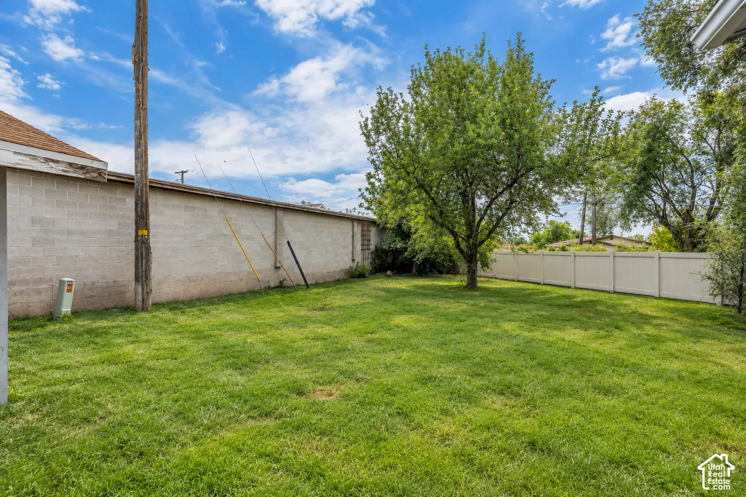 Spacious backyard featuring a grass lawn, mature trees, and a perimeter privacy fence