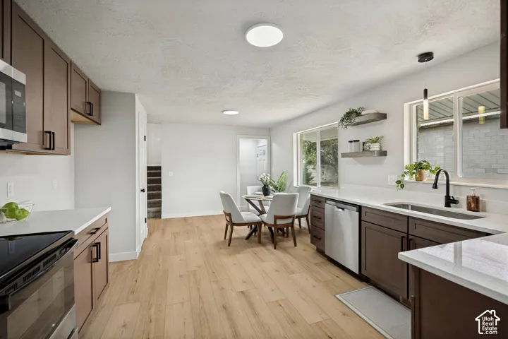 Modern kitchen featuring wood-finish flooring, white countertops, dark wood cabinetry, and stainless steel appliances
