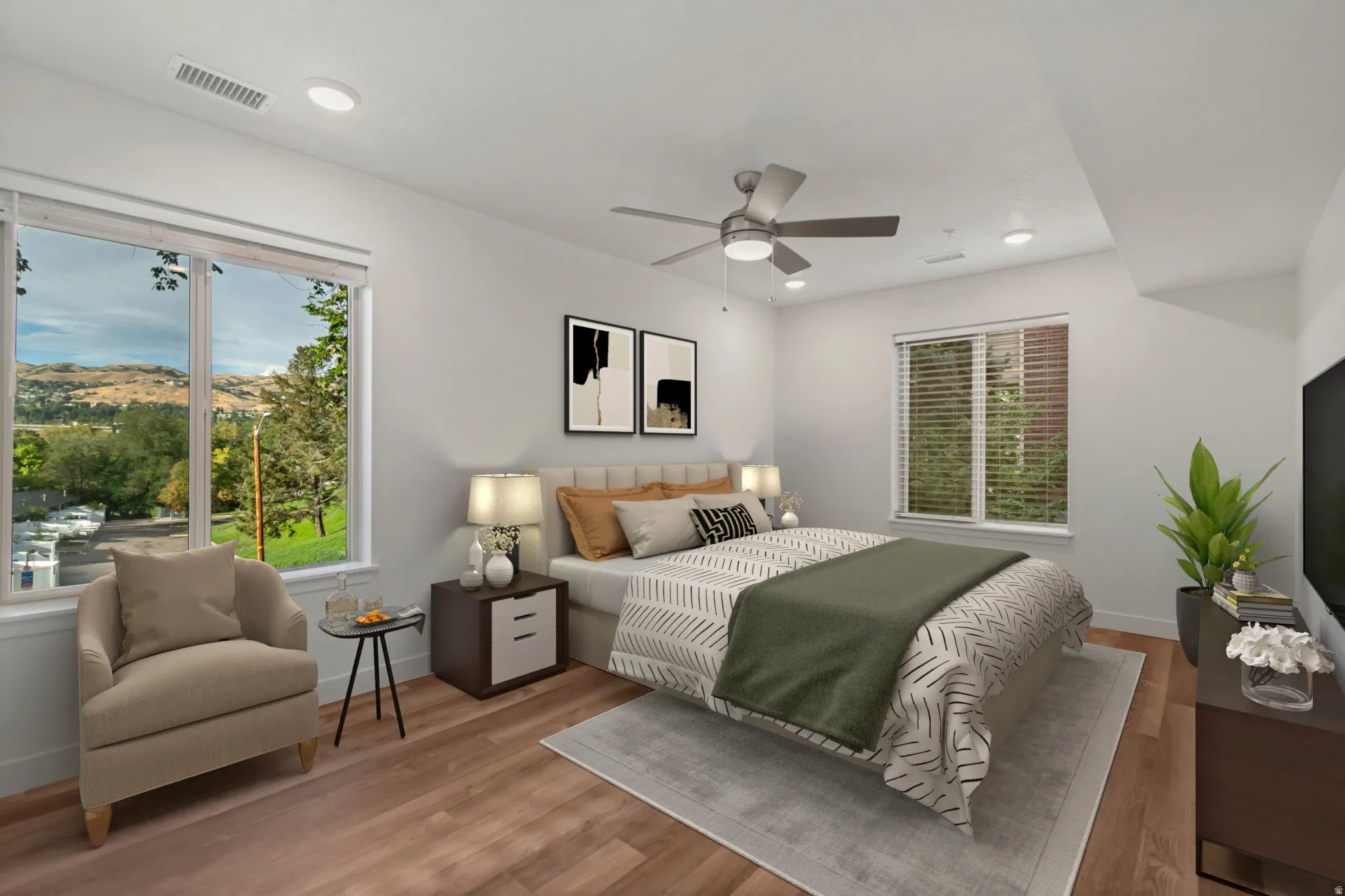 Primary bedroom staged with AI