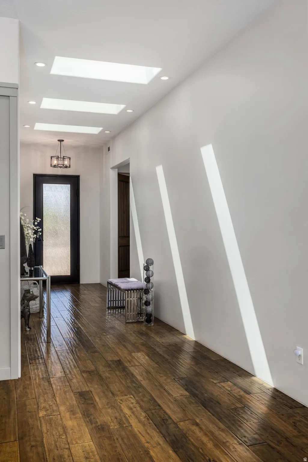 Recessed lighting, three skylights, wood-finish flooring, and a dark-framed entry door with frosted glass