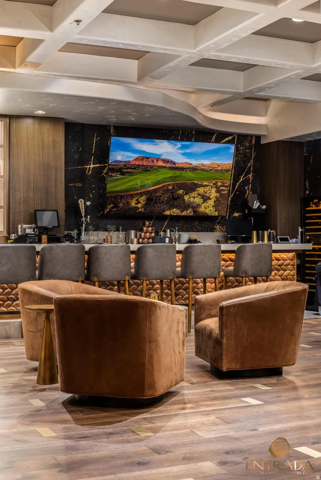 Wood-finish flooring with accent inlays, community Restaurant