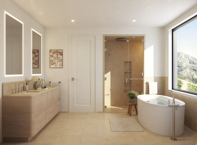 Dual vanity with integrated sinks and lighted mirrors, glass-enclosed shower with tiled surround, freestanding soaking tub with floor-mounted faucet, and large-format window