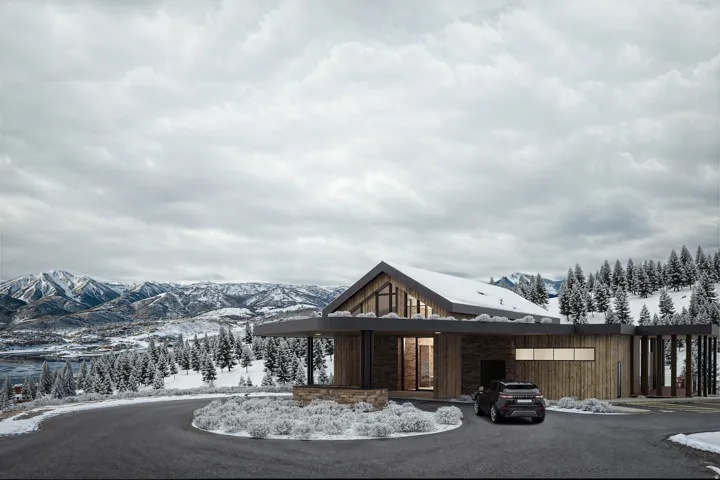 Contemporary architectural design featuring expansive glass panels, a stone and wood facade, and a covered entry