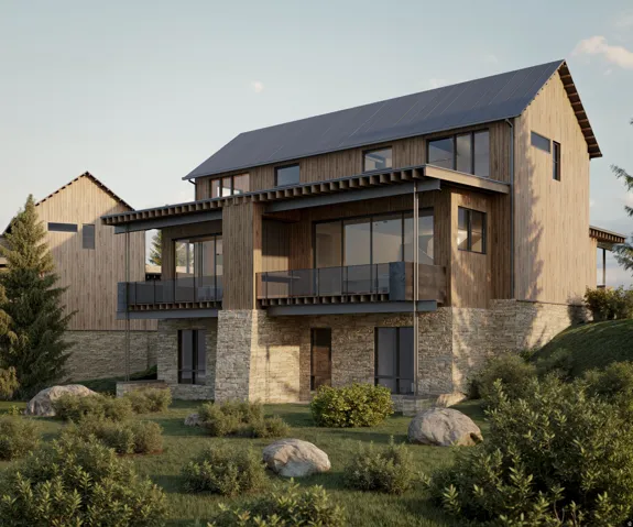 Contemporary exterior with wood siding and a dark metal roof
