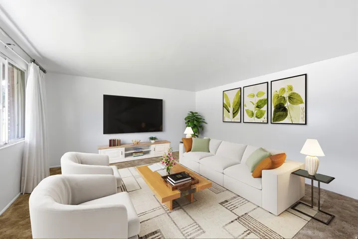 Spacious front living room virtually staged to show possibilities with white drapes, white walls, and a light-colored carpet