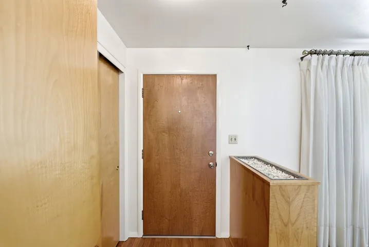 Front door interior with wood entry door, integrated wood-finish planter with decorative rocks, and vinyl (LVP) flooring
