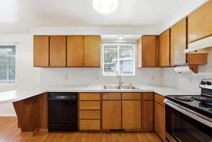 Main level kitchen with vinyl (LVP) flooring, wood cabinets, and abundant natural light