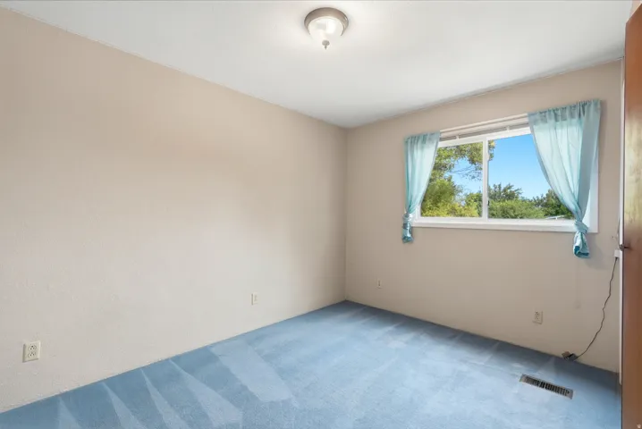 Light-colored walls with textured finish, blue patterned carpeting, a single window, and a flush-mount ceiling light fixture