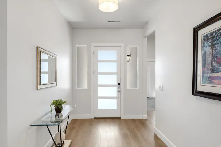 Entryway featuring a contemporary front door with frosted glass panels, two vertical frosted glass sidelights, and wood-finish flooring