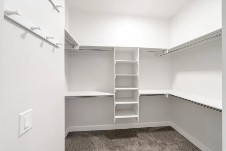 Walk-in closet featuring built-in shelving, hanging rods, and dark carpeting