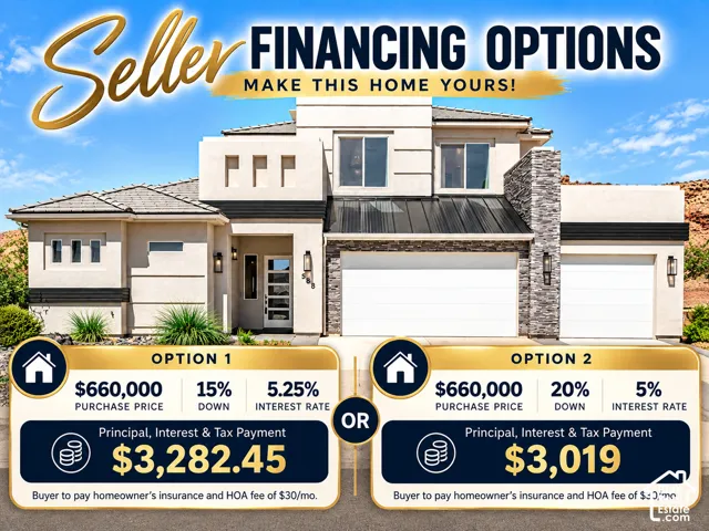 Real Estate Advertisement. Displaying two distinct seller financing options for the property
