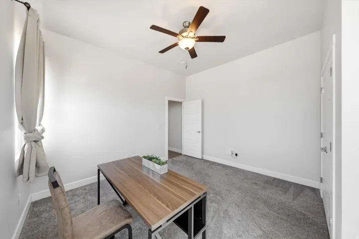 Carpeted room with a ceiling fan light fixture and white walls