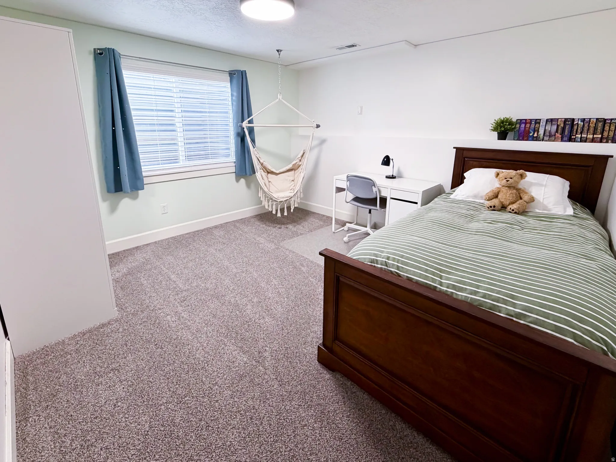 Plush carpeting, a large window with blinds, a built-in wall shelf, and a ceiling-mounted light fixture