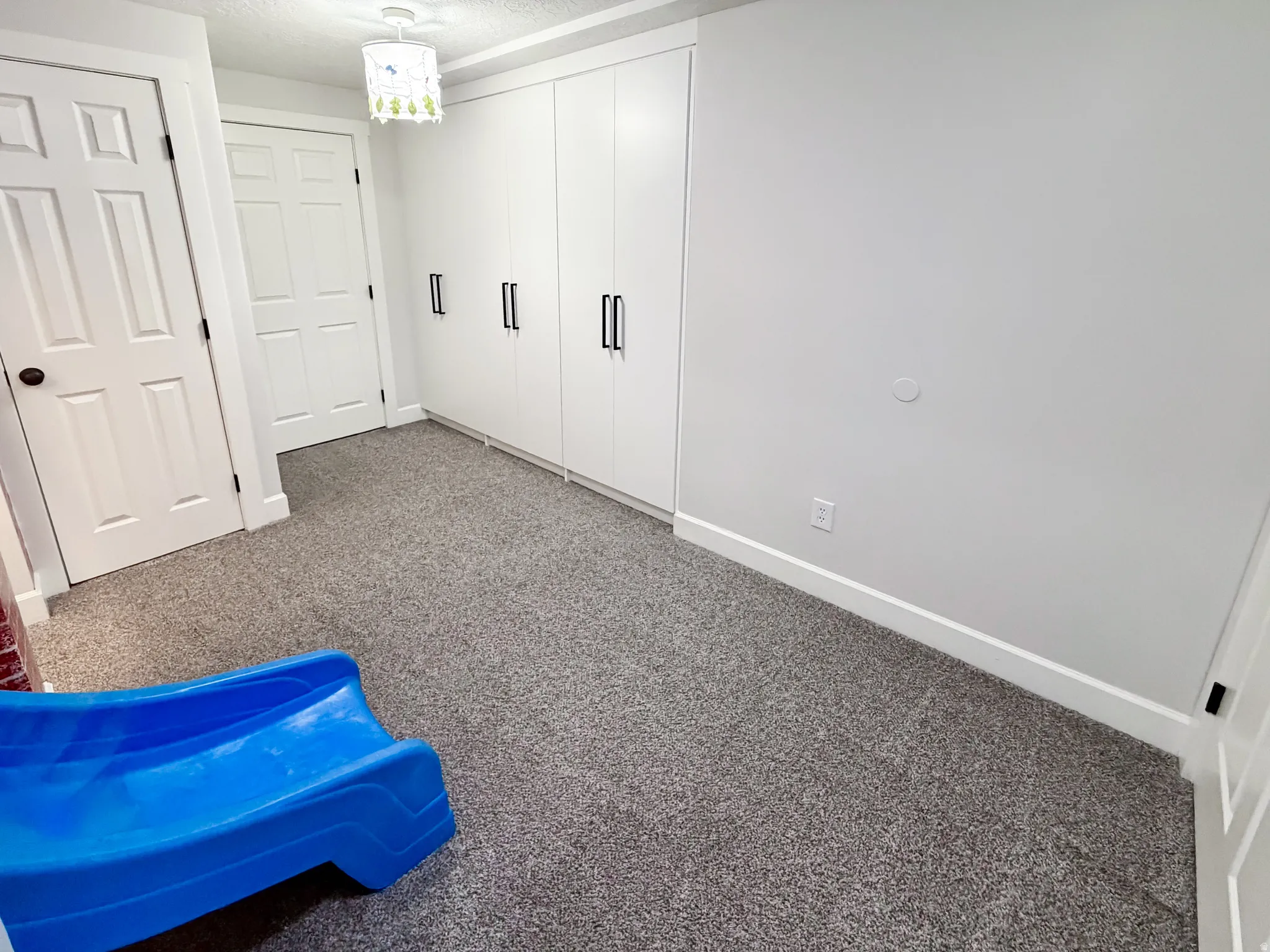 Plush grey carpeting, white built-in cabinetry with black hardware, white interior doors, and a ceiling-mounted light fixture