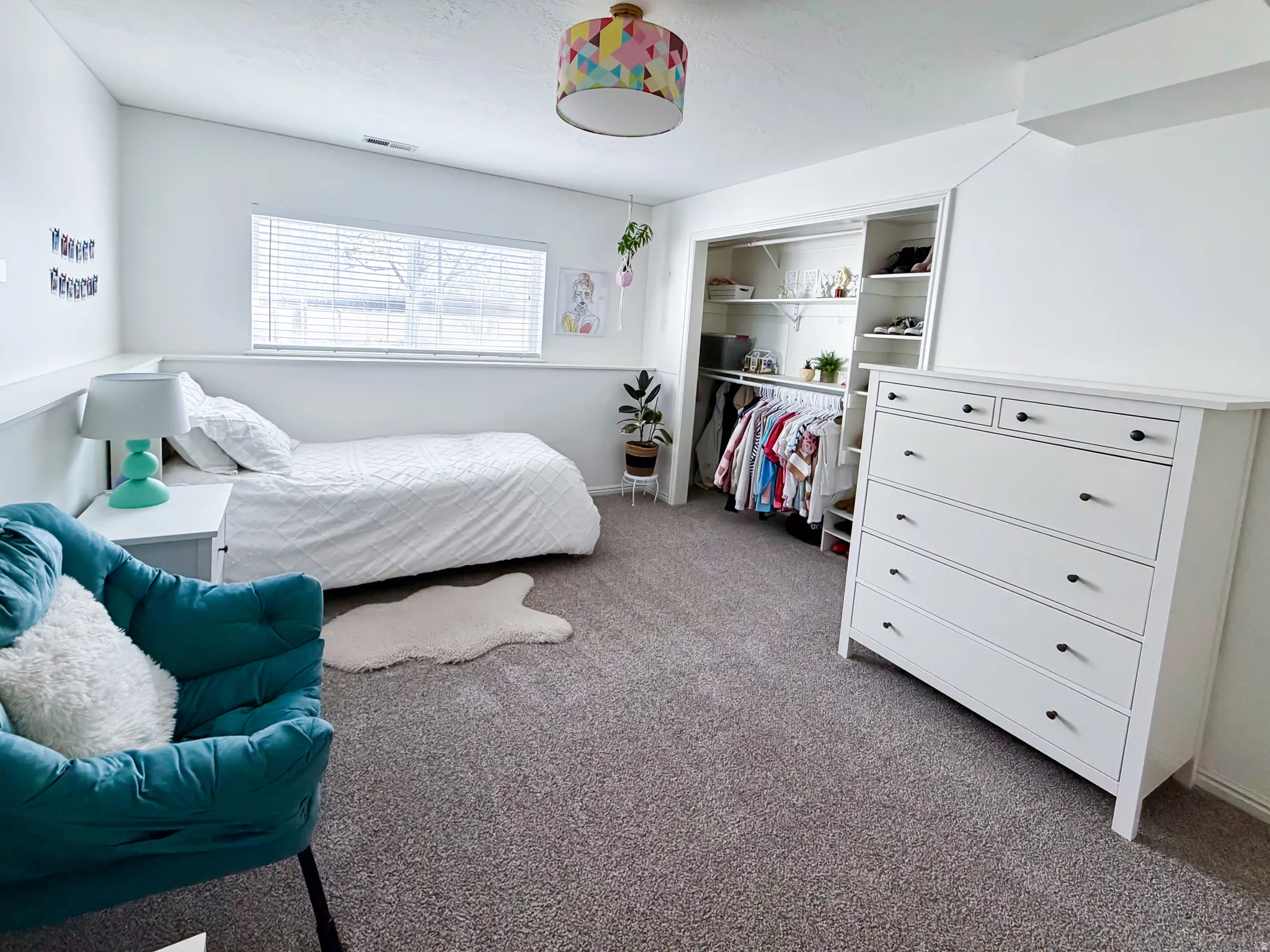 Plush carpet flooring, a large window with blinds, and an open closet with built-in shelving