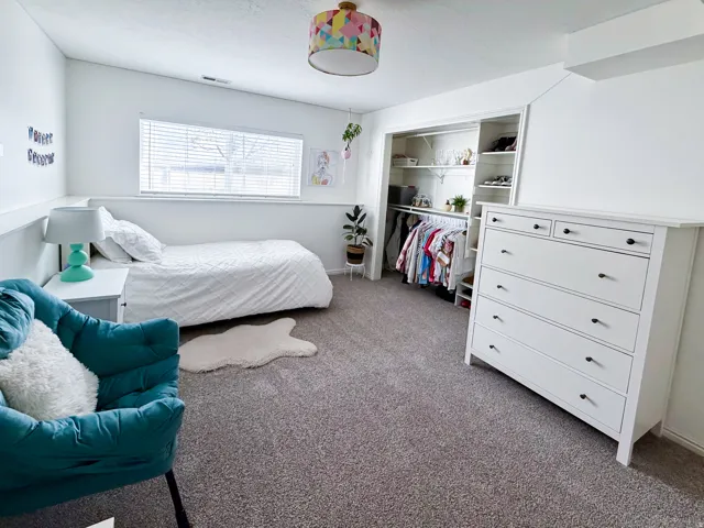 Plush carpet flooring, a large window with blinds, and an open closet with built-in shelving