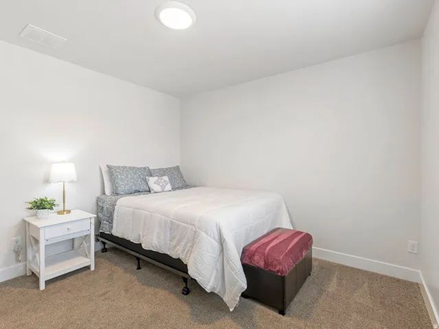 Neutral white wall finish, recessed ceiling light, wall-to-wall carpet flooring, and white trim