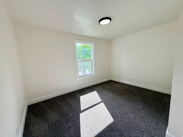 Neutral wall color, dark carpeting, and a window with white trim