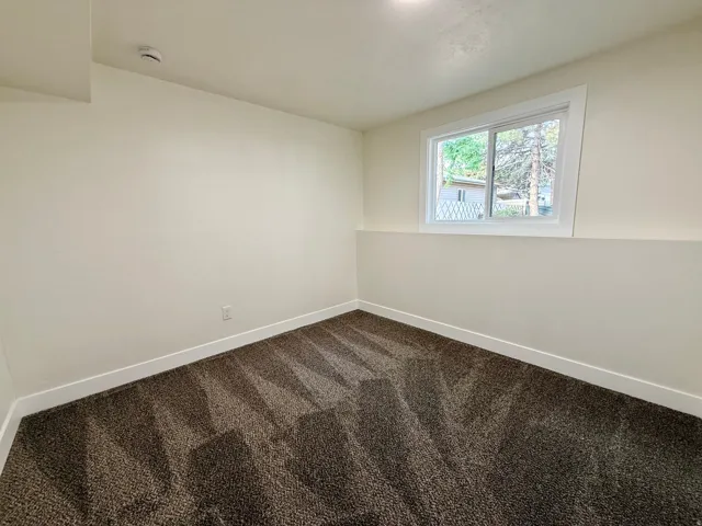 Neutral wall paint, plush carpet flooring, white trim, and a white-framed window