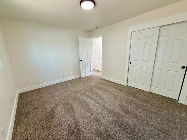 Plush carpet flooring, neutral wall tones, white trim, a flush-mount ceiling light, and sliding closet doors
