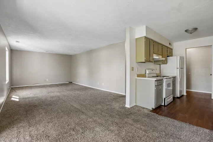 Open-concept living space featuring carpet flooring, neutral wall tones, a kitchen with built-in cabinetry, white appliances, and wood-finish flooring