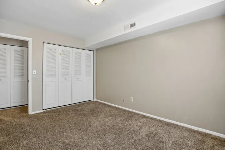 Neutral wall tones, plush carpeting, white louvered closet doors, and a ceiling-mounted light fixture