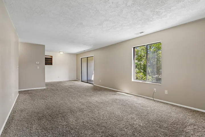 Spacious room featuring neutral carpet, a large window, and sliding glass doors