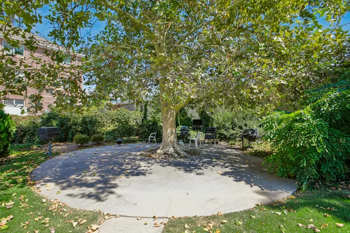 Paved patio area with a mature shade tree, surrounded by lush landscaping and green lawn
